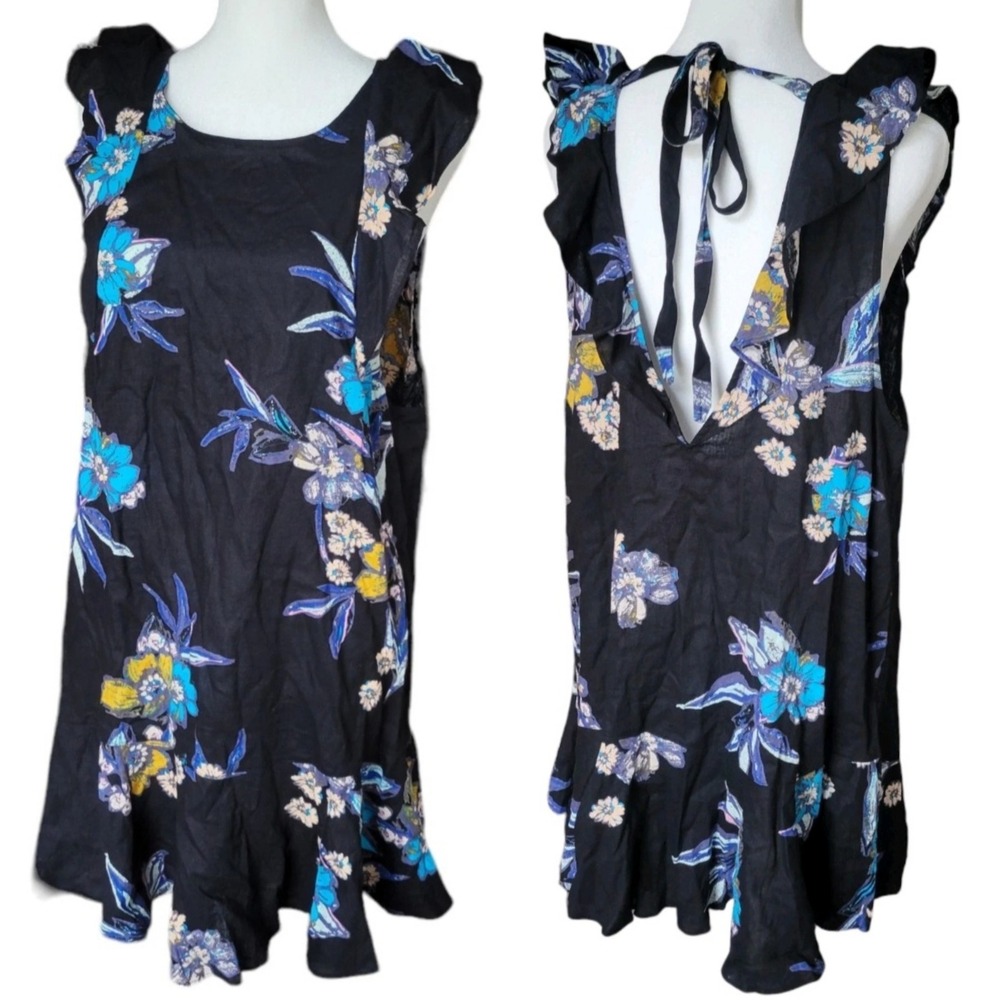 Free People Mini Dress Womens L Black‎ Floral Linen Blend Ruffle Tie Back Boho